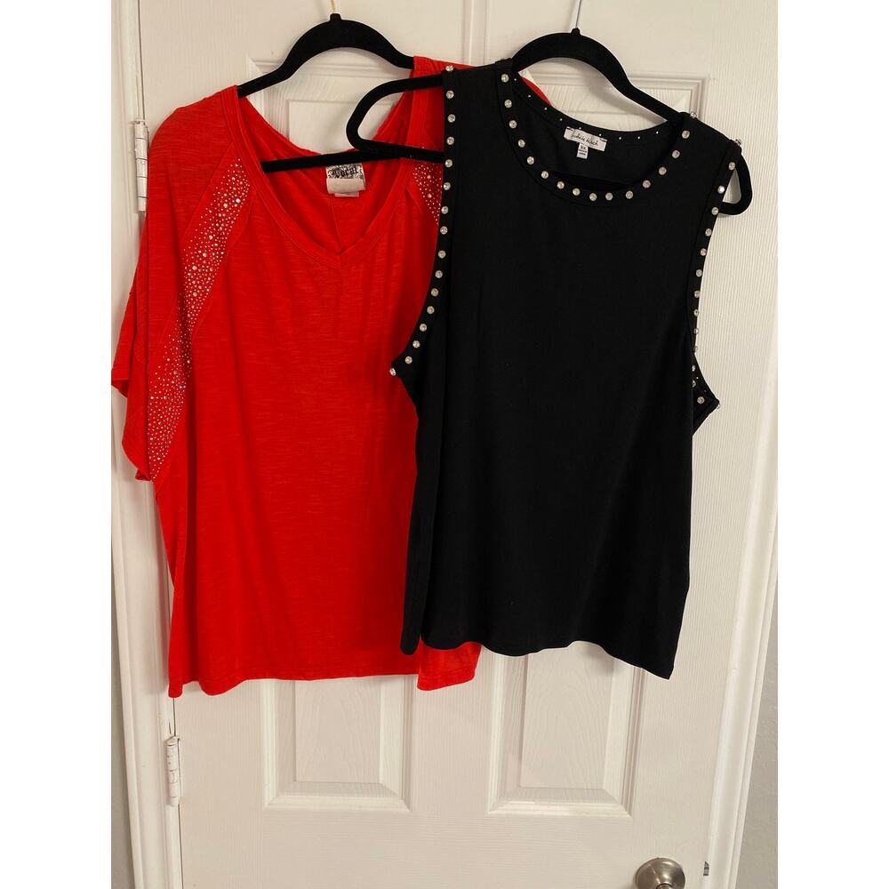 Edgy Glam 3X Top Bundle Black Studded Tank, Red Rhinestone V-Neck